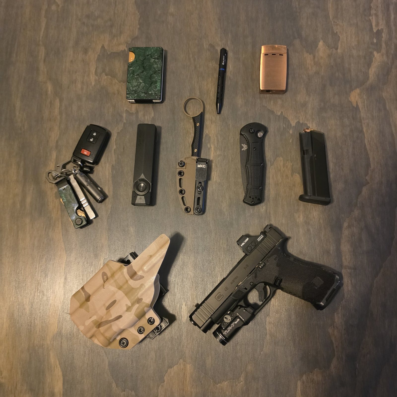Top-down flat lay of the host's everyday carry